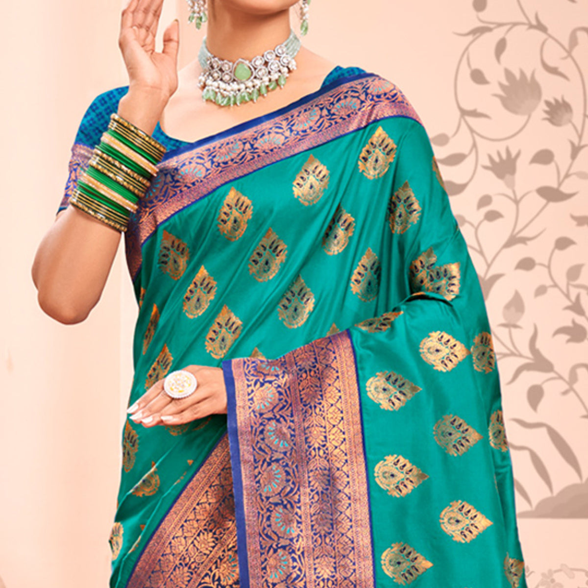 Rama Green Floral Woven Kanjivaram Silk Saree With Tassels