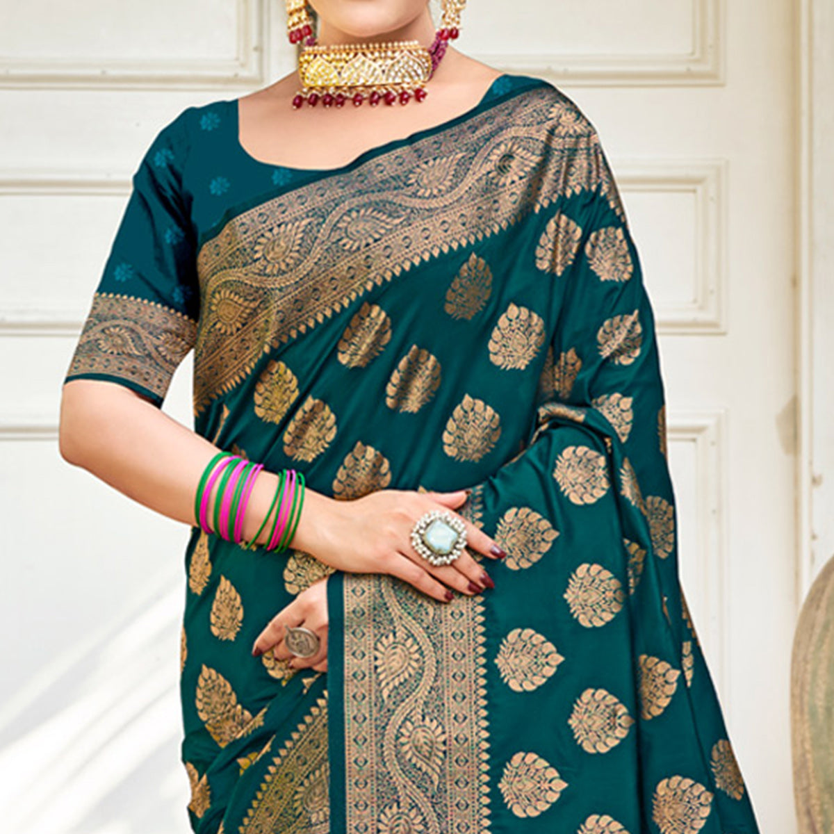 Teal Floral Woven Banarasi Silk Saree