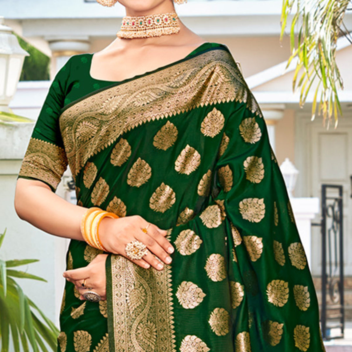 Green Floral Woven Banarasi Silk Saree