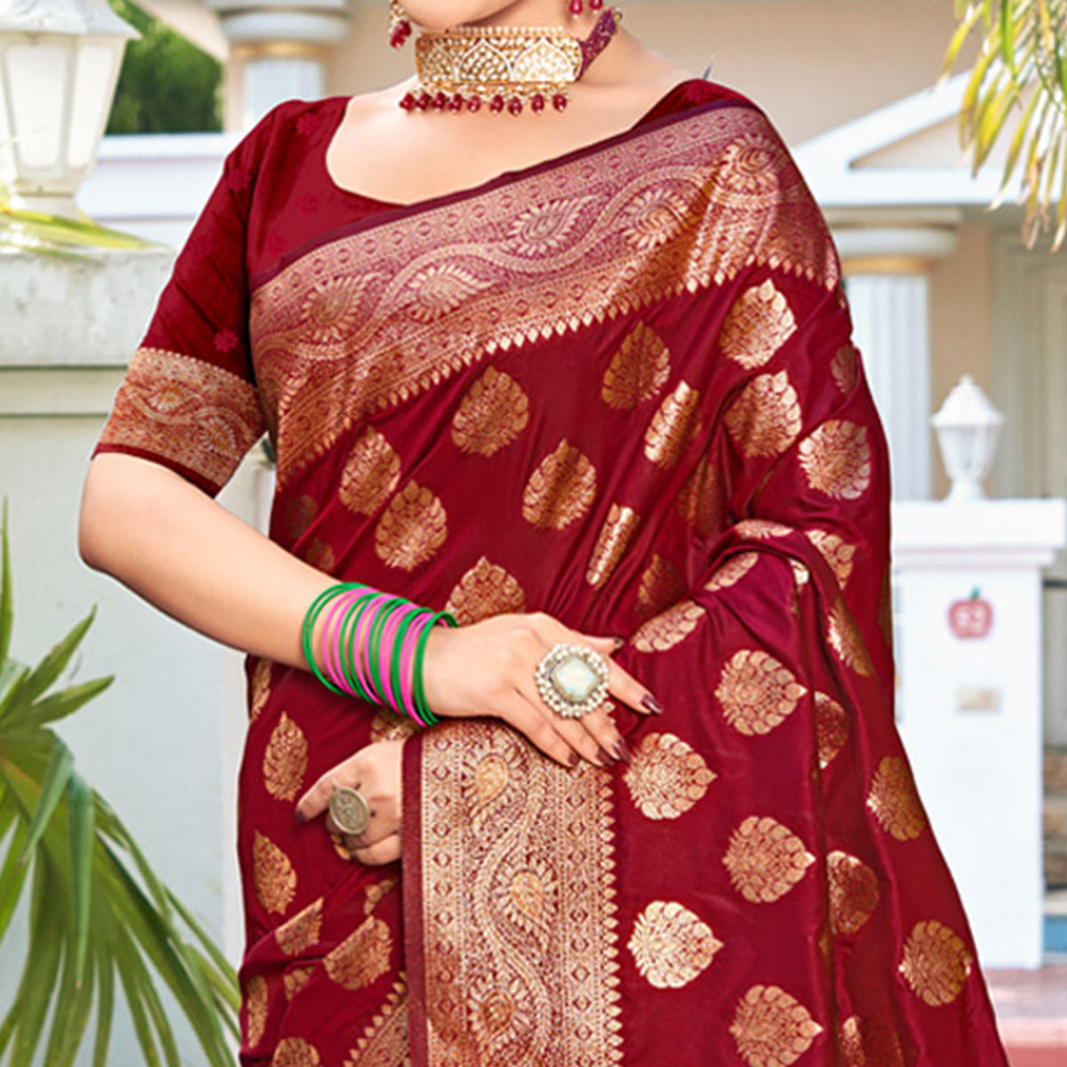 Maroon Floral Woven Banarasi Silk Saree