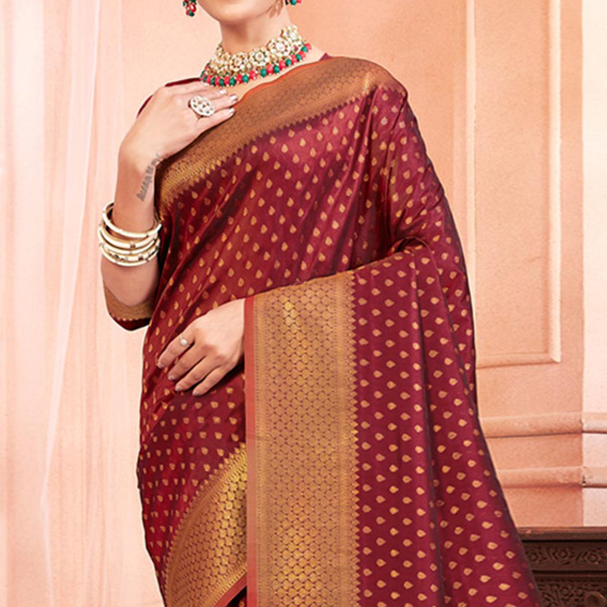 Maroon Woven Banarasi Silk Saree With Tassels