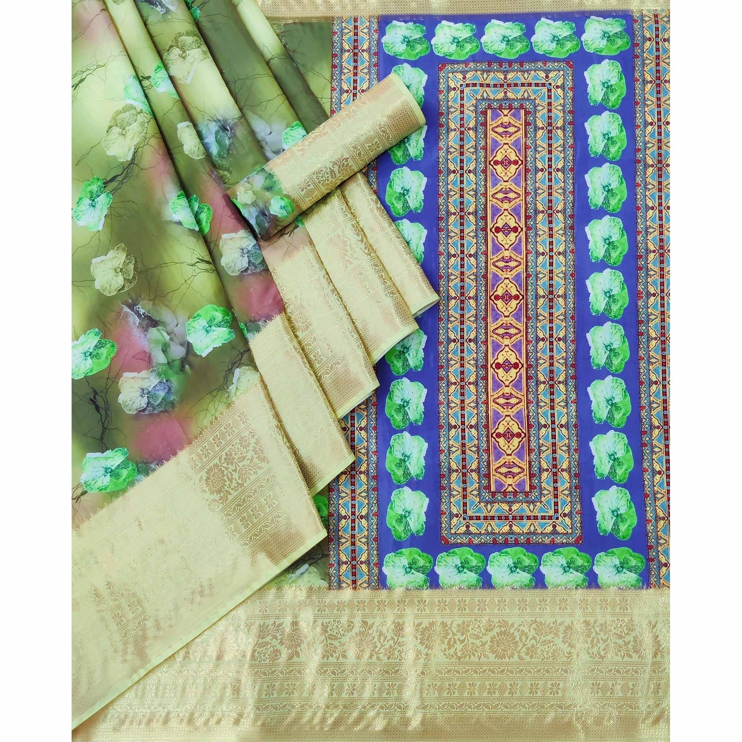 Green Floral Digital Printed With Woven Border Art Silk Saree