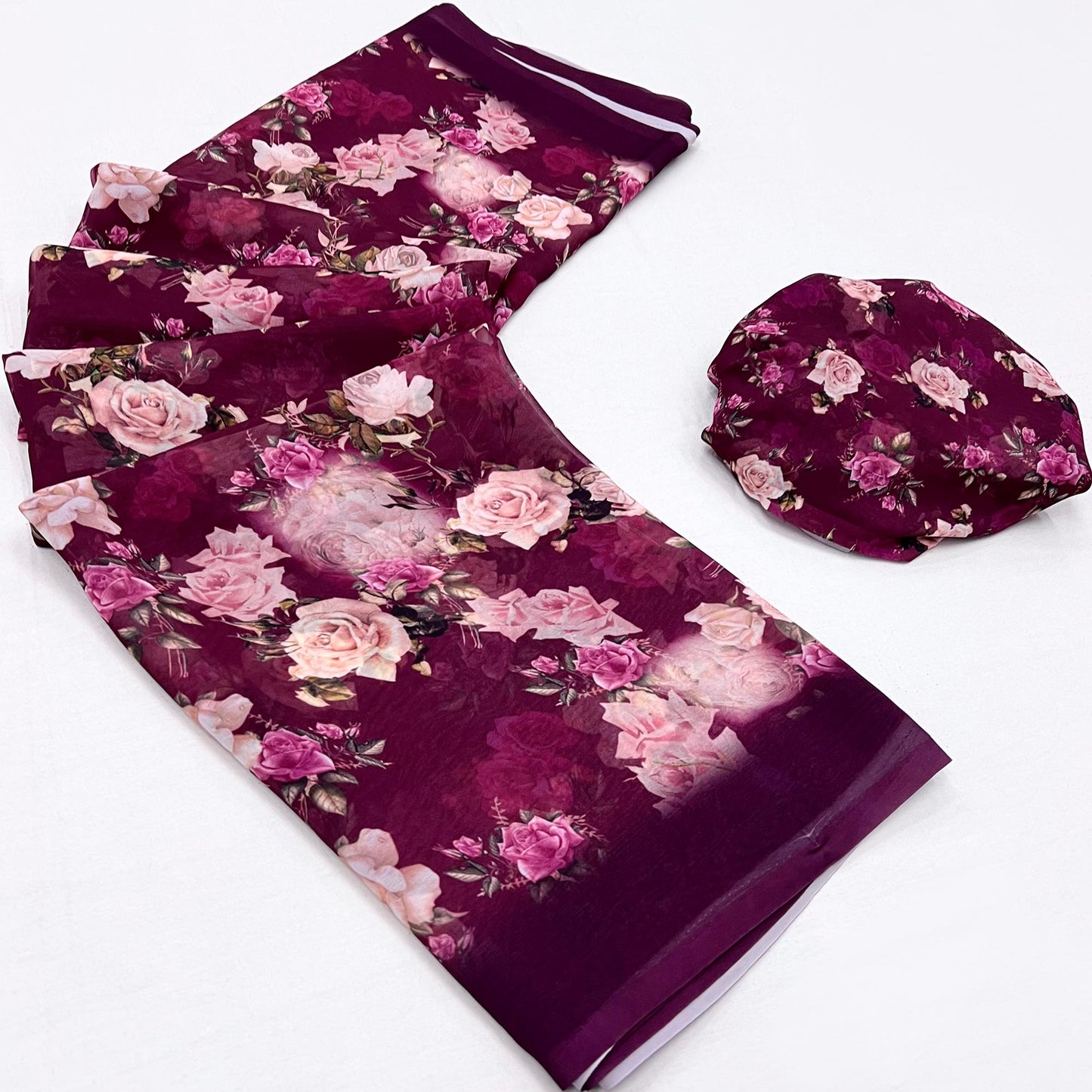 Wine Floral Digital Printed Georgette Saree