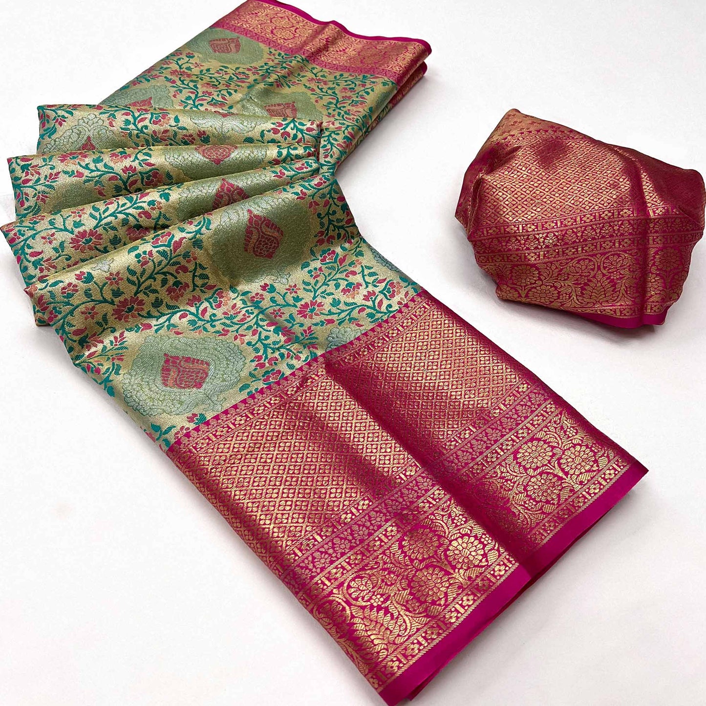 Rama Green & Pink Floral Woven Kanjivaram Silk Saree