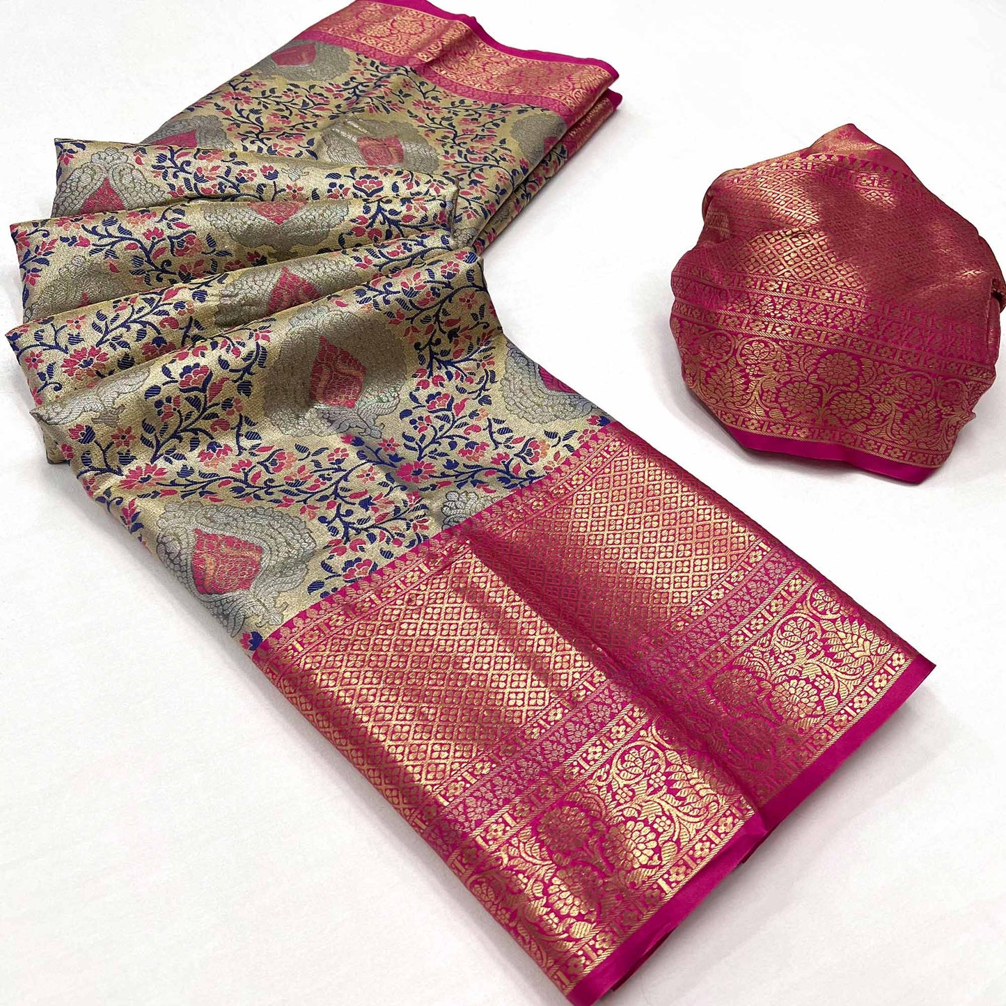 Navy Blue & Pink Floral Woven Kanjivaram Silk Saree