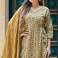 Mustard Angrakha Pure Cotton Suit with Foil Print & Zardozi Handcrafted Neckline