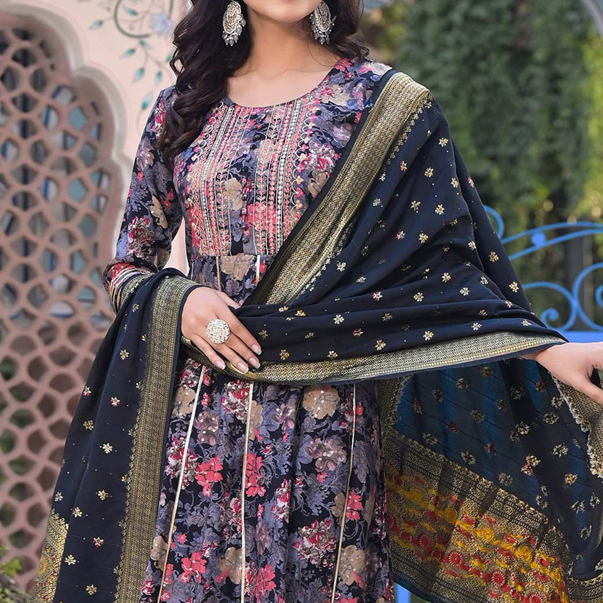 Black Floral Foil Printed Chanderi Silk Anarkali Salwar Suit