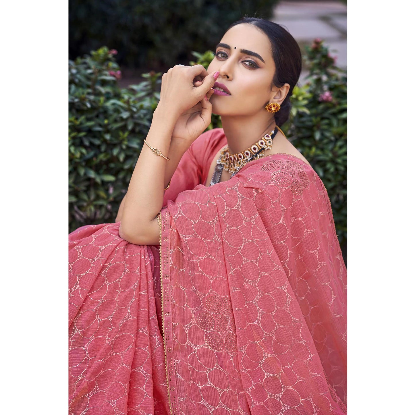 Gajari Pink Foil Printed With Swarovski Work Chiffon Saree