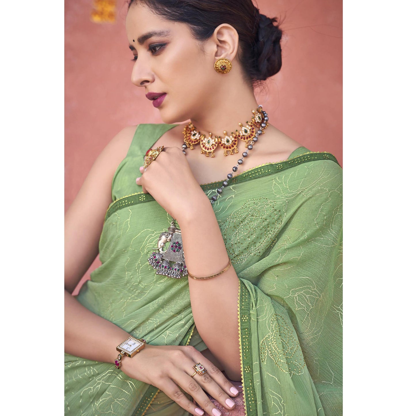 Pista Green Foil Printed With Swarovski Work Chiffon Saree