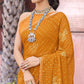 Mustard Foil Printed With Swarovski Work Chiffon Saree