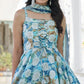 Blue Printed Anarkali Style Chanderi Suit