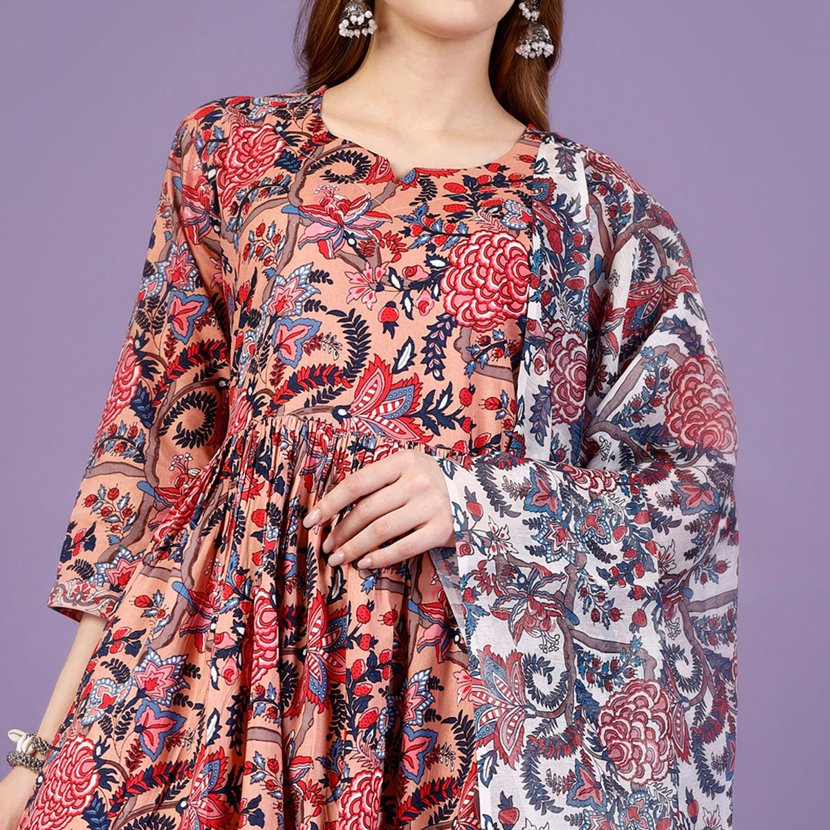 Peach Floral Printed Viscose Anarkali Salwar Suit