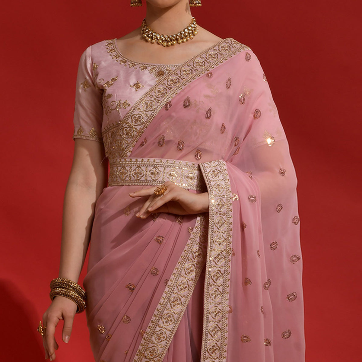 Pink Sequins Embroidered Georgette Saree