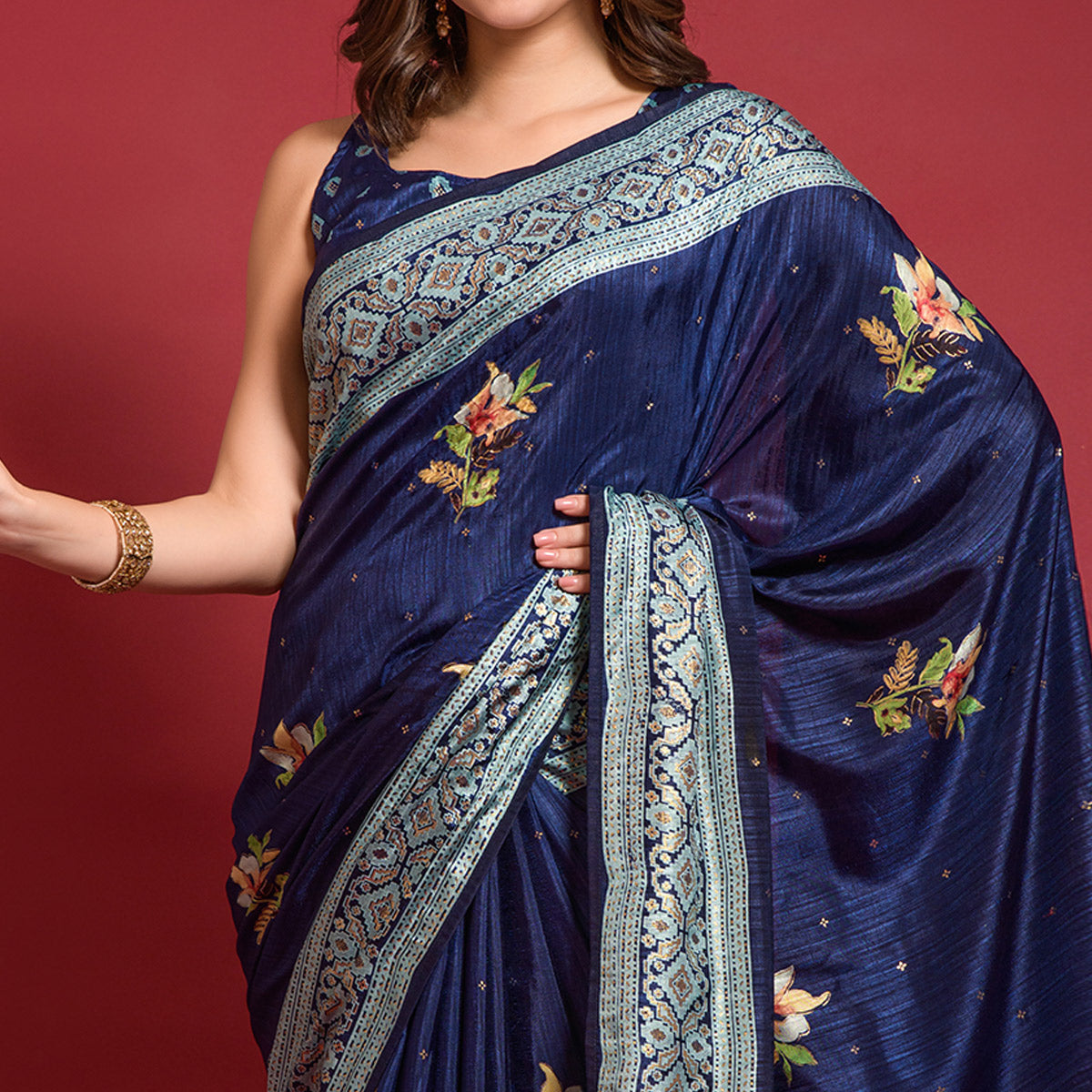 Blue Floral Foil Printed Art Silk Saree