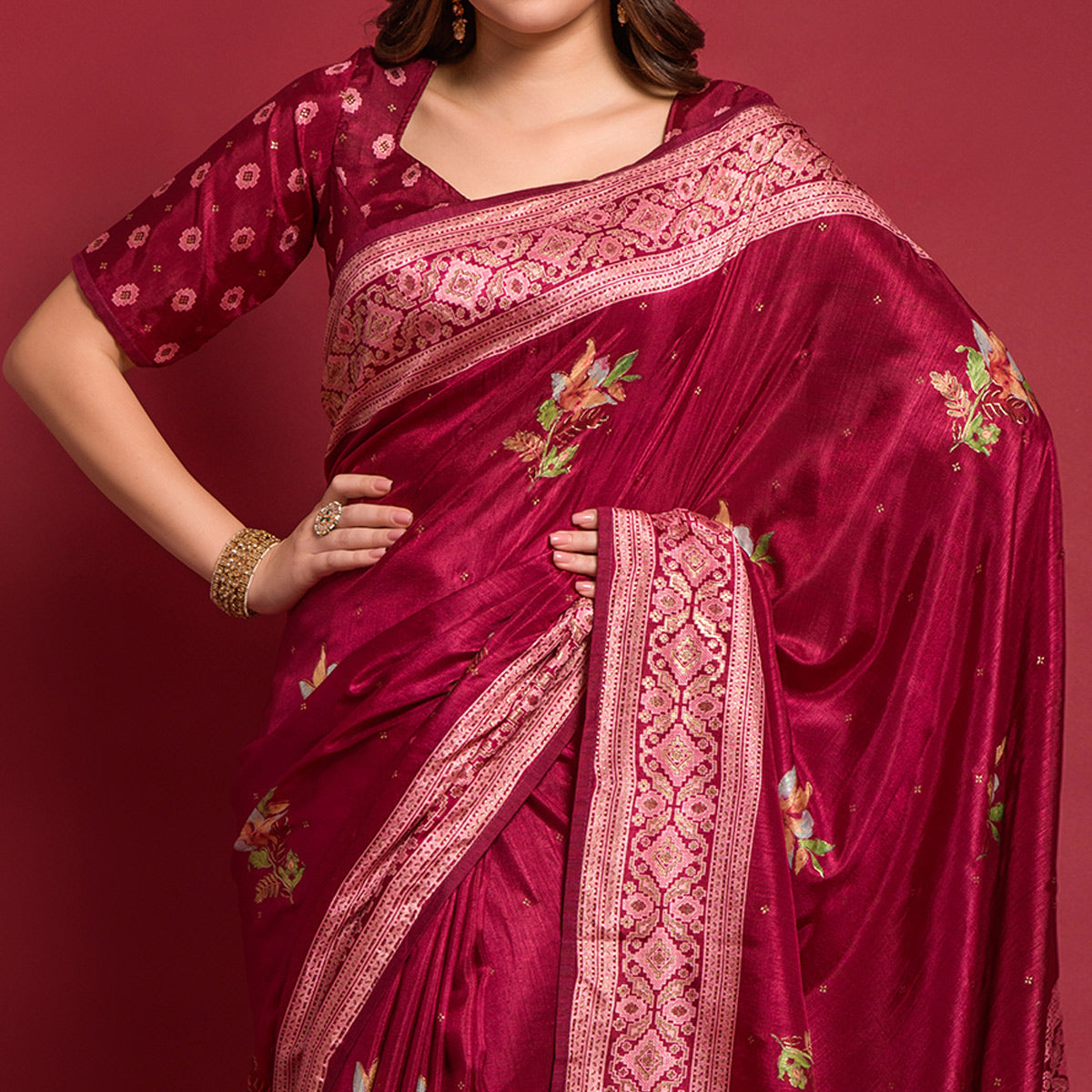 Magenta Floral Foil Printed Art Silk Saree