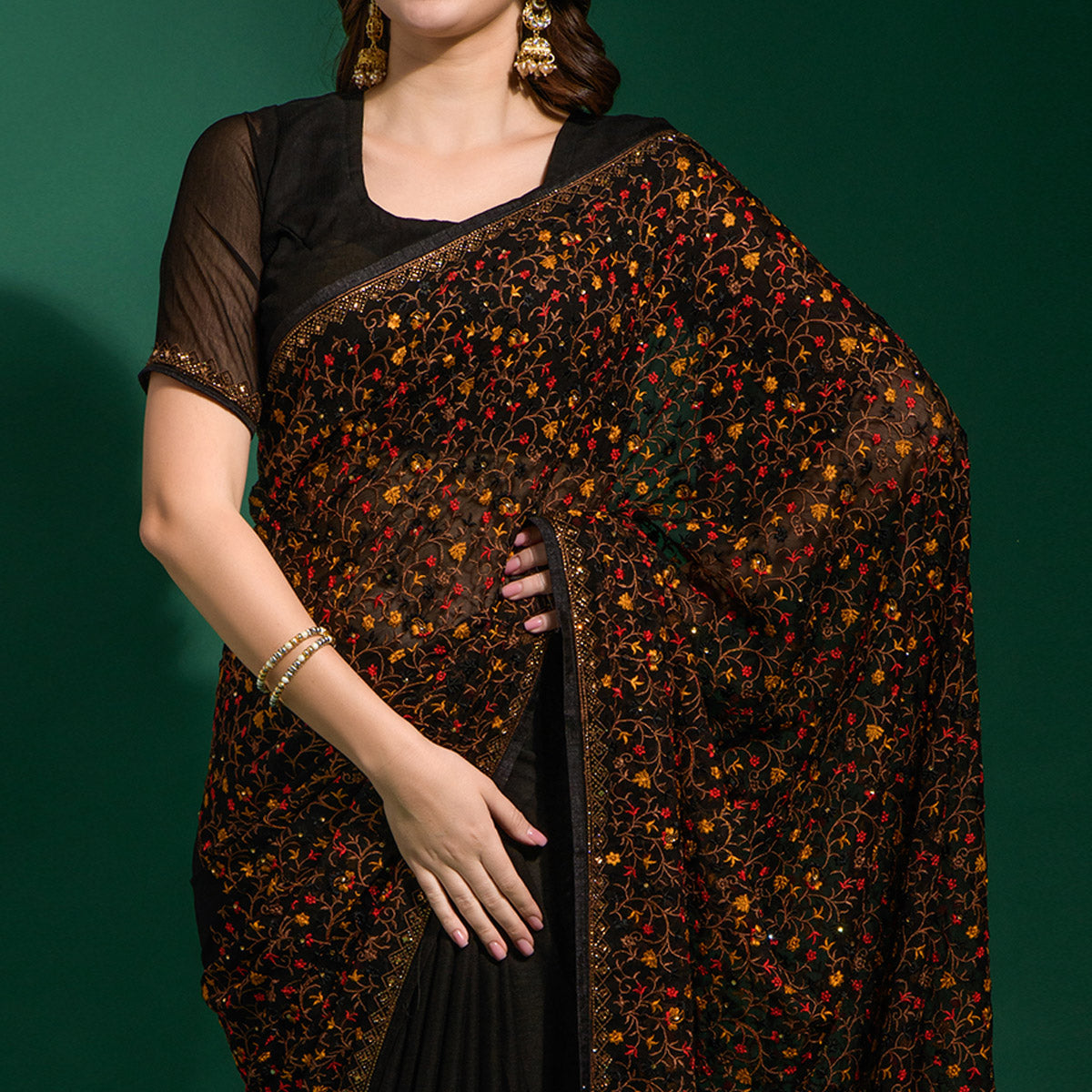 Black Floral Embroidered Georgette Saree