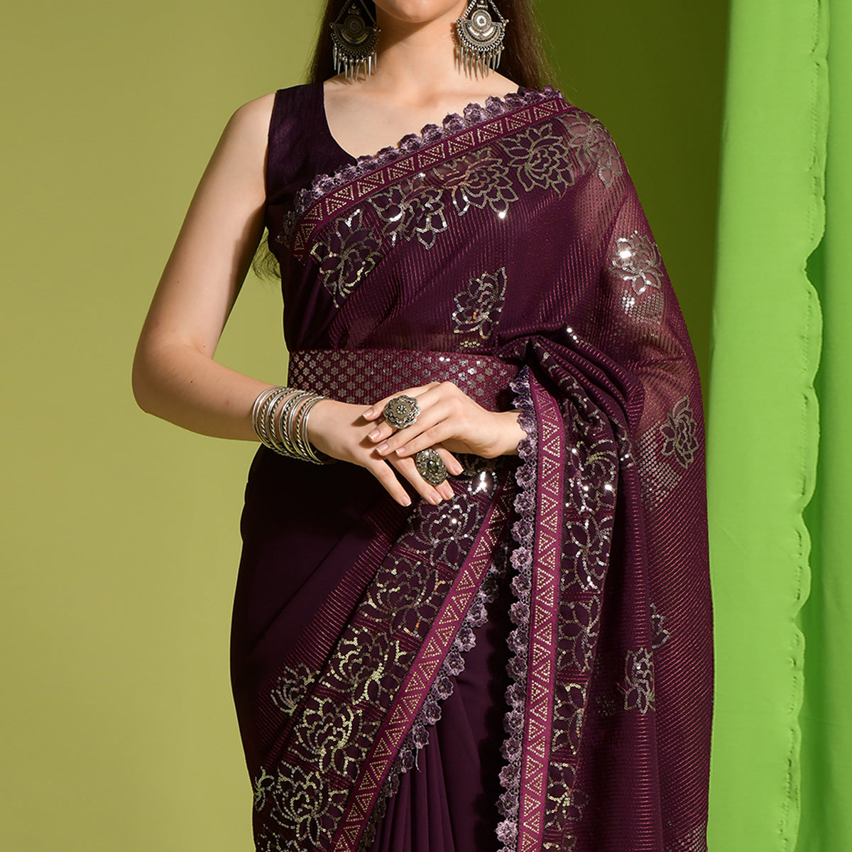 Wine Sequins Embroidered Georgette Saree