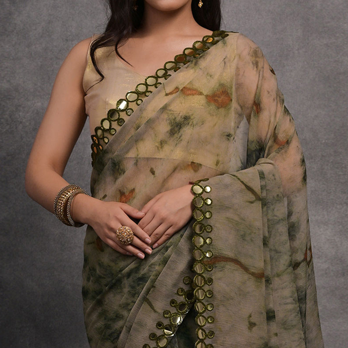 Green Printed With Mirror Work Georgette Saree