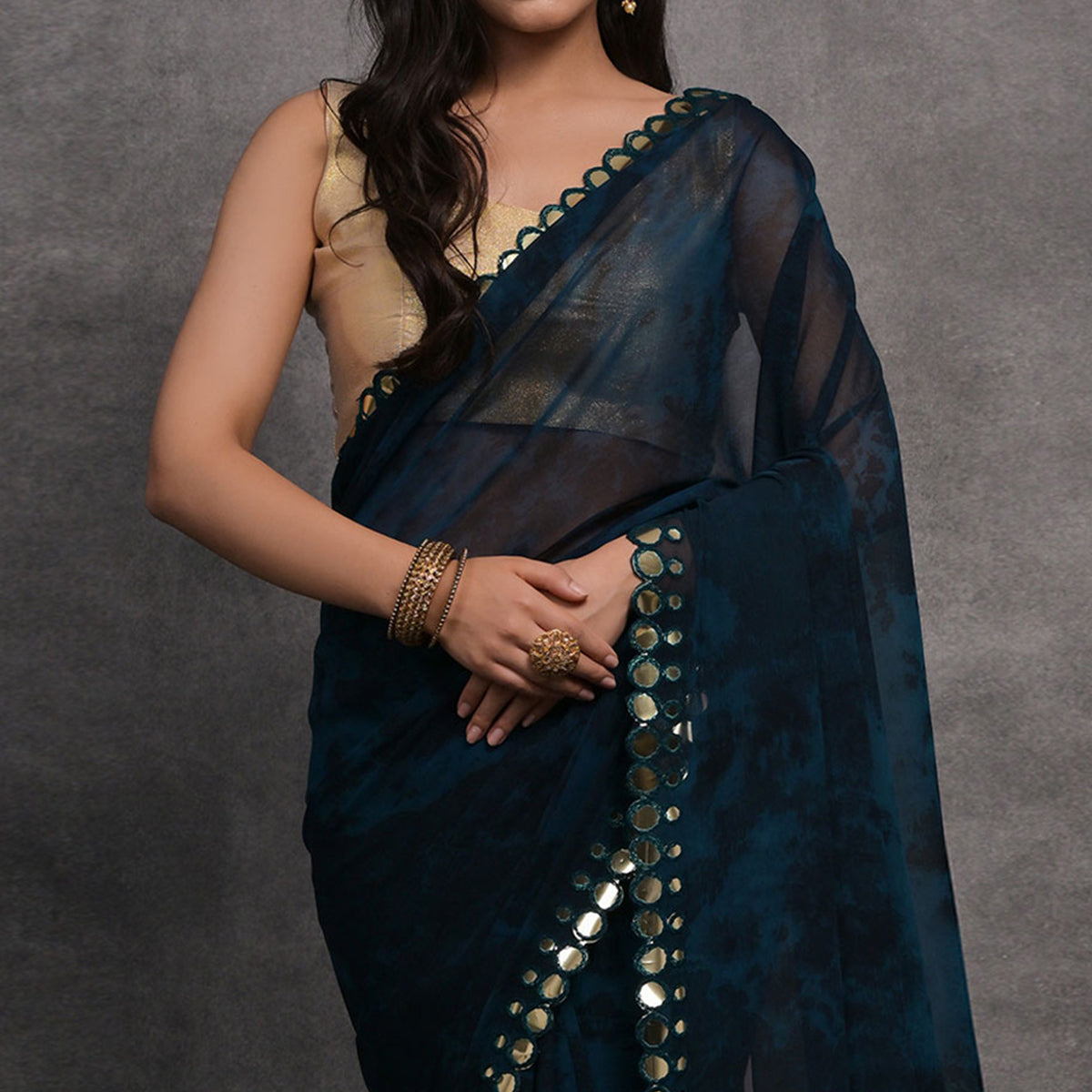 Blue Printed With Mirror Work Georgette Saree