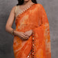 Orange Printed With Mirror Work Georgette Saree