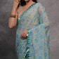 Blue Foil Printed With Mirror Work Georgette Saree