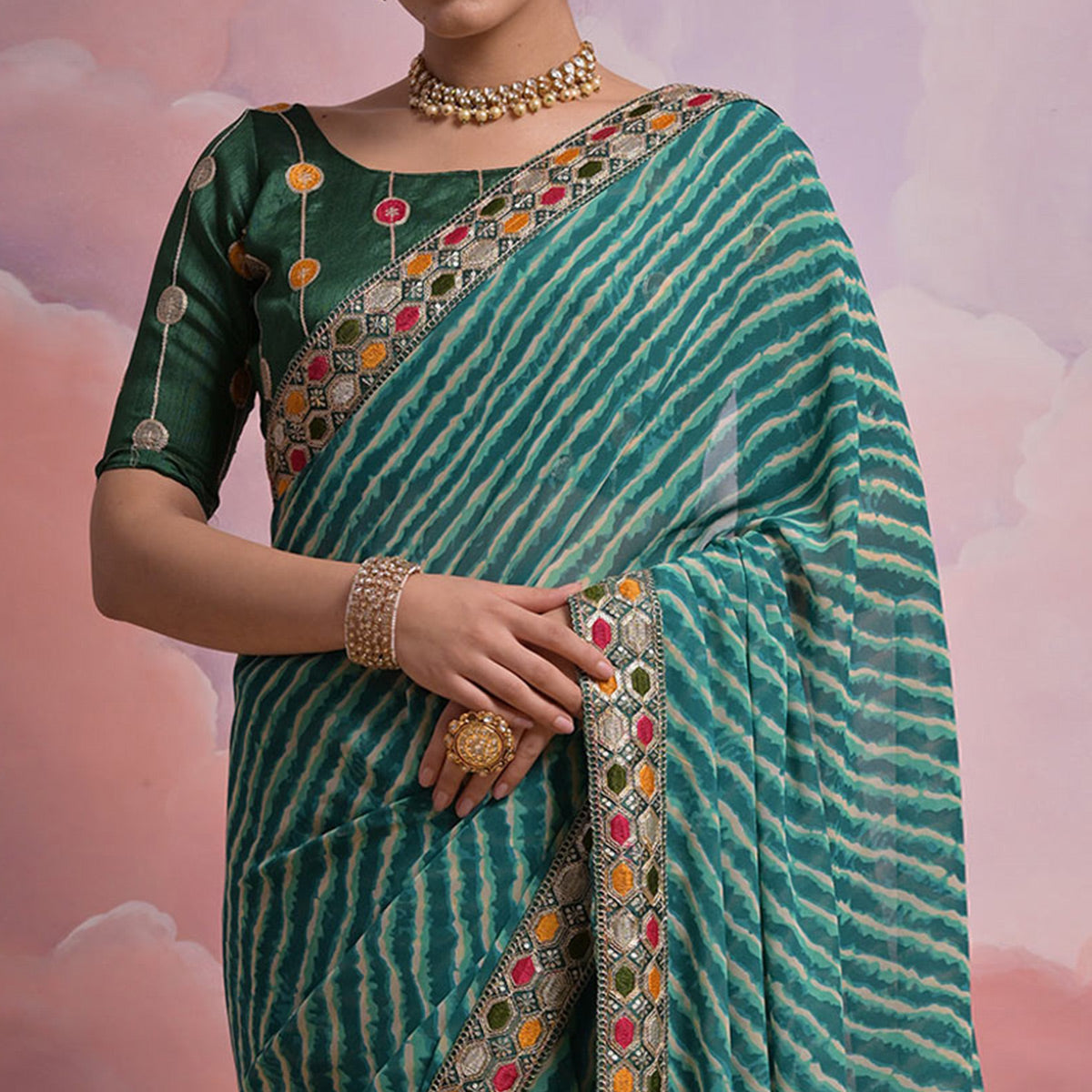 Green Leheriya Printed With Embroidered Border Georgette Saree