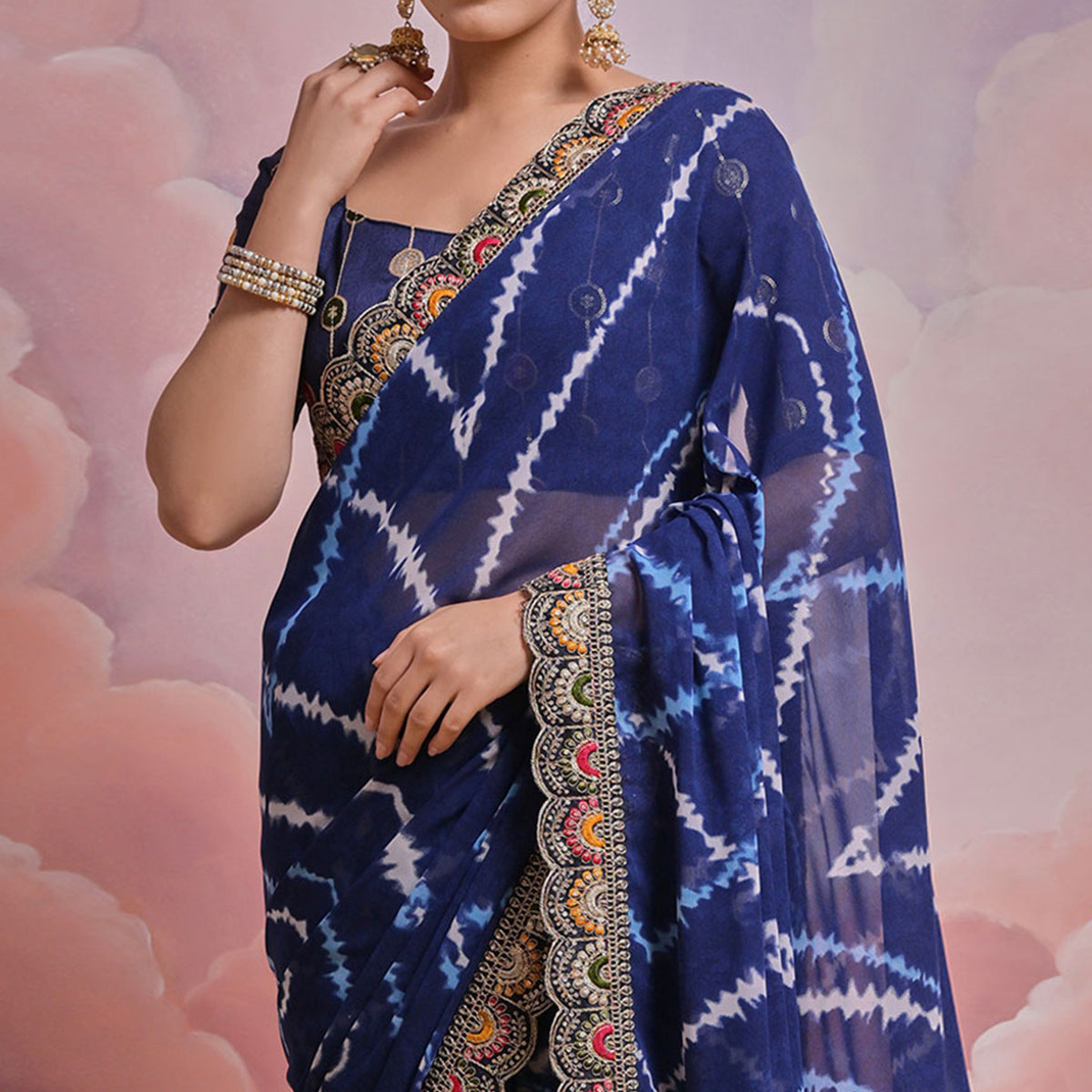 Blue  Printed With Embroidered Border Georgette Saree