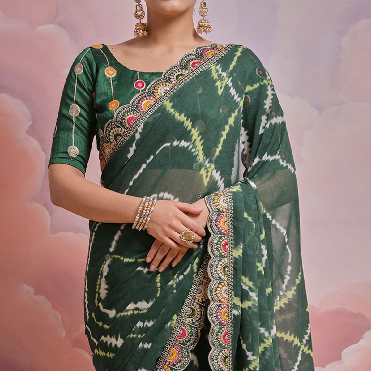 Green  Printed With Embroidered Border Georgette Saree