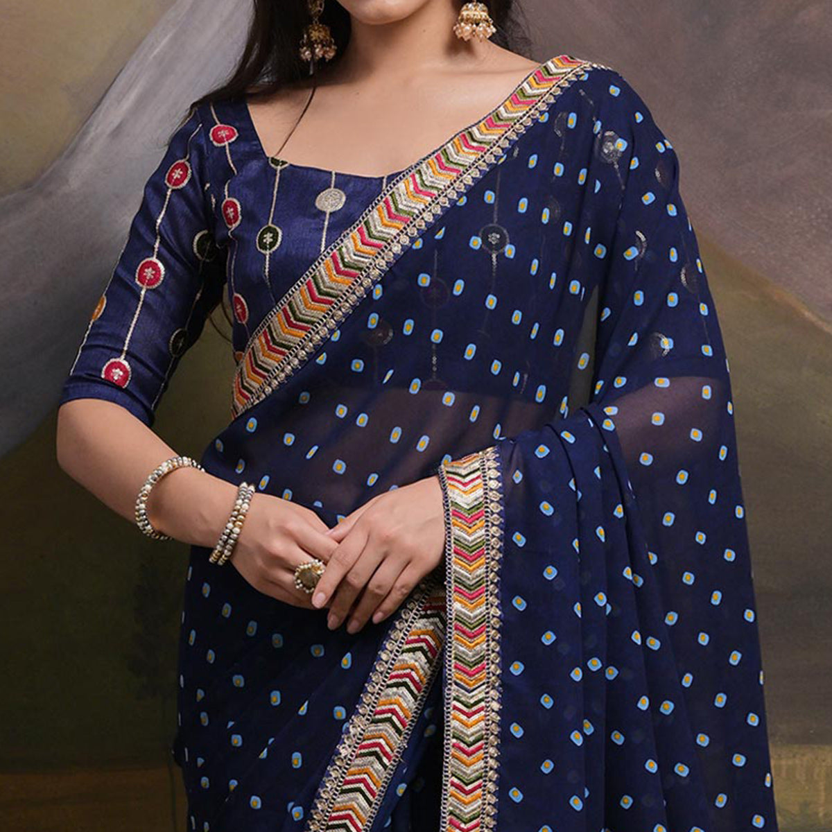 Blue Bandhej Printed Georgette Saree With Tassels