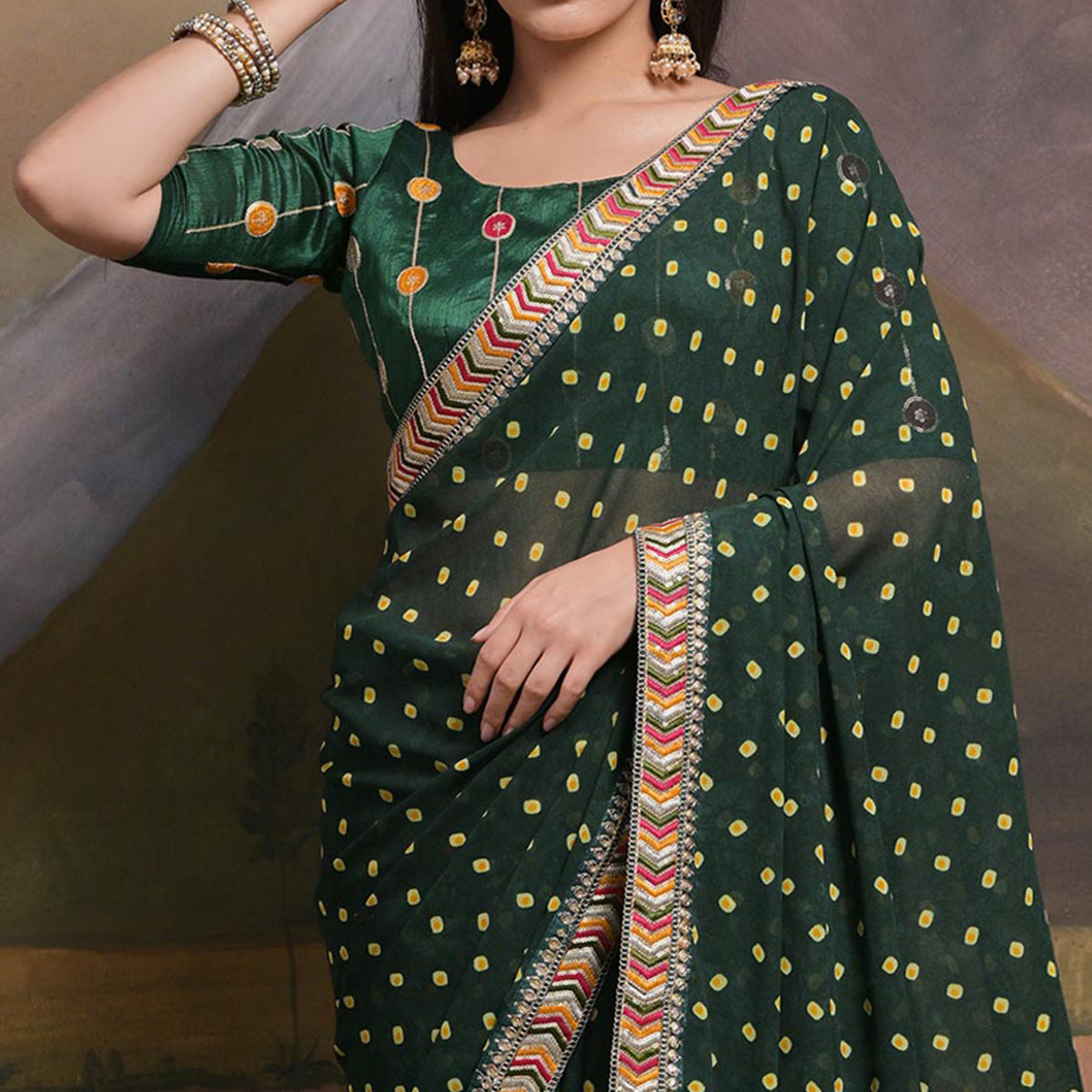 Green Bandhej Printed Georgette Saree With Tassels