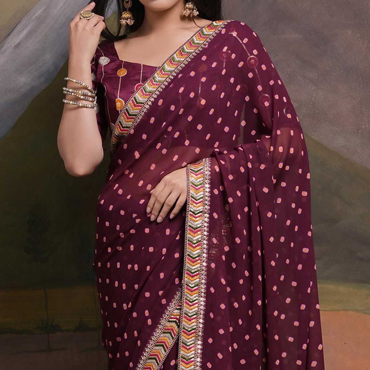 Wine Bandhej Printed Georgette Saree With Tassels