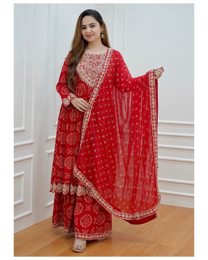 Ravishing Red Rayon Sharara Set: Intricate Heavy Mirror Embroidery