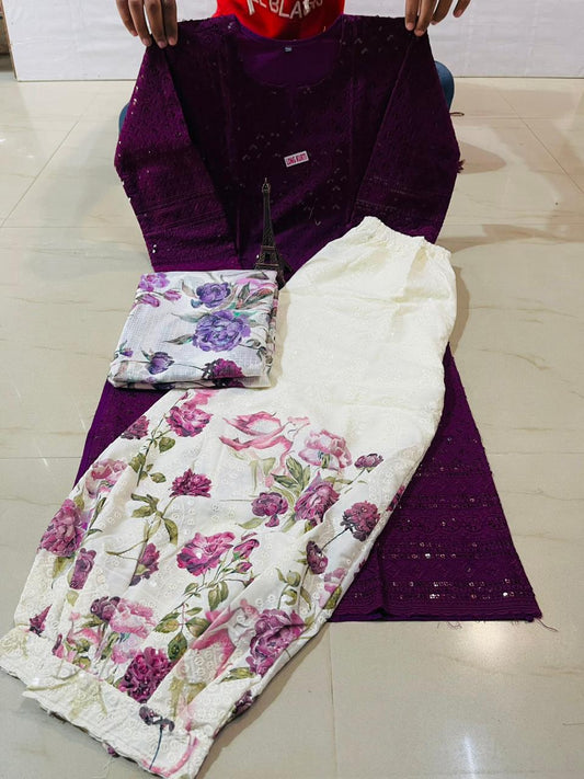 Wine Elegant Ensemble: Ready-to-Wear Chikankari Kurti with Afghani Dupatta Set