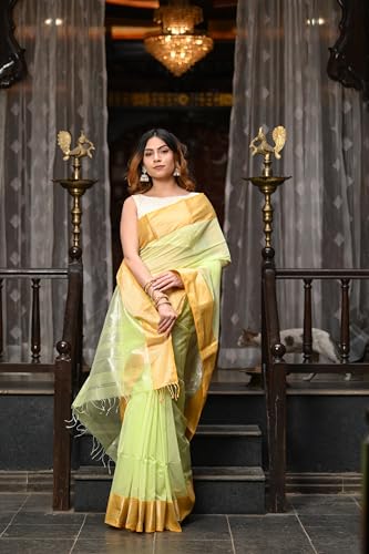 Very Much Indian VMI Exclusive Designer! Handloom Cotton Silk Saree With Broad Golden Border~ Lush Green