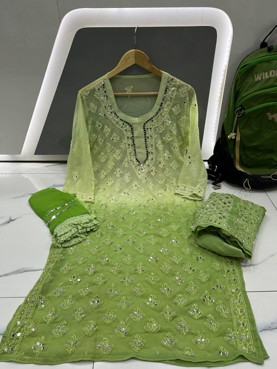 Green Chikankari Elegance Ombré Mirror Booti Jaal Set - Kurti, Sharara & Dupatta -(Inner Included)