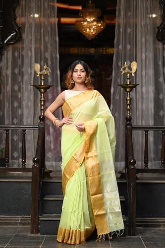 Very Much Indian VMI Exclusive Designer! Handloom Cotton Silk Saree With Broad Golden Border~ Lush Green