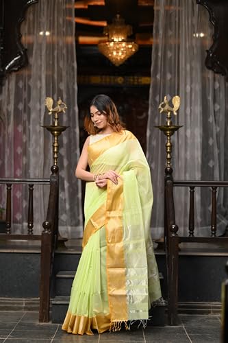 Very Much Indian VMI Exclusive Designer! Handloom Cotton Silk Saree With Broad Golden Border~ Lush Green