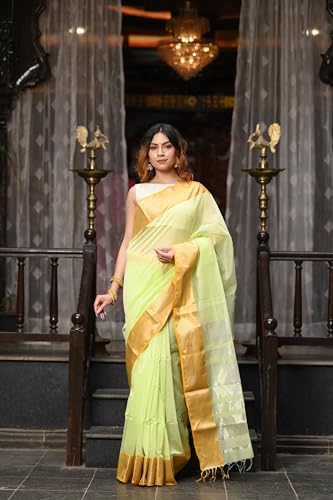 Very Much Indian VMI Exclusive Designer! Handloom Cotton Silk Saree With Broad Golden Border~ Lush Green