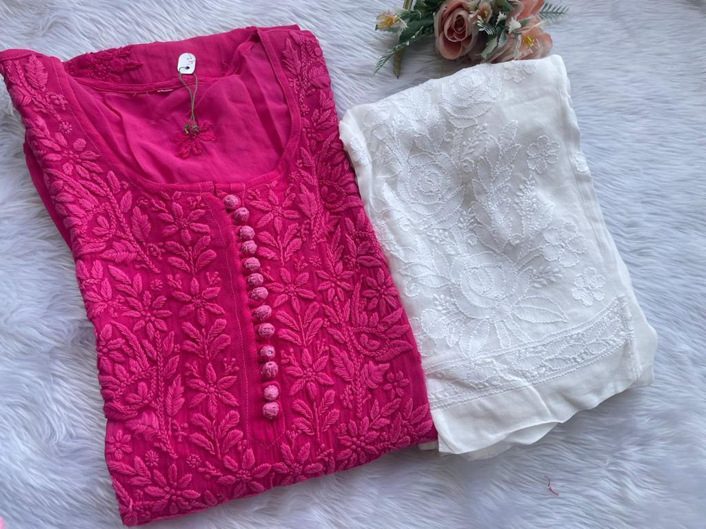 Pink Color Ethereal Viscose 3D Kurti and pant Set up to 3 XL