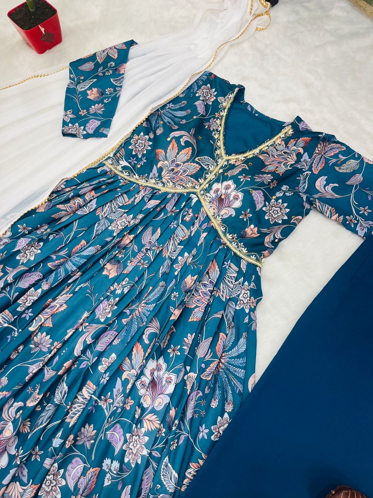 Teal blue Boho Floral Special: Aliya Cut Dresses with Dupatta and Pant! 🌺🌺