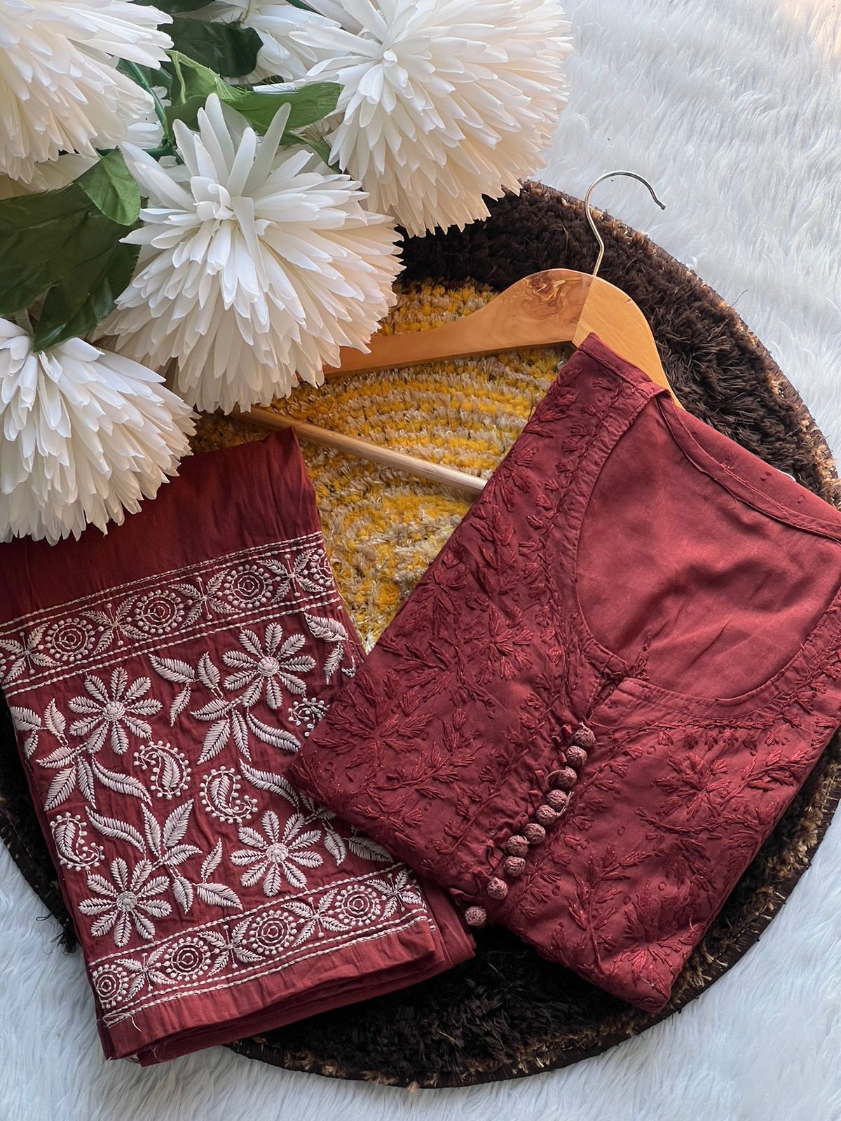 Maroon Cotton Chikankari Hand Work Kurti Suits Online