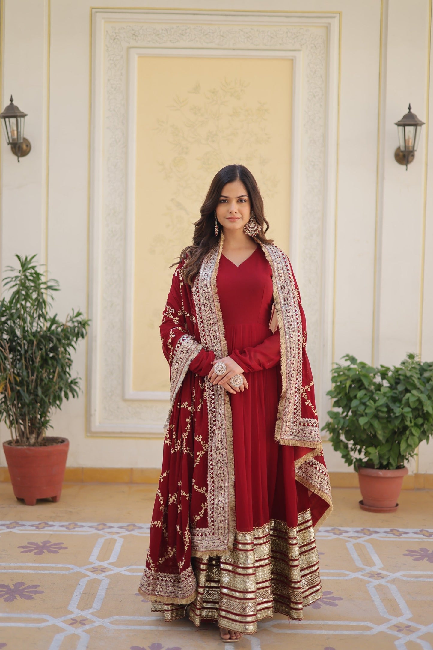 Maroon Embroidered Gown ensemble Limited Stock