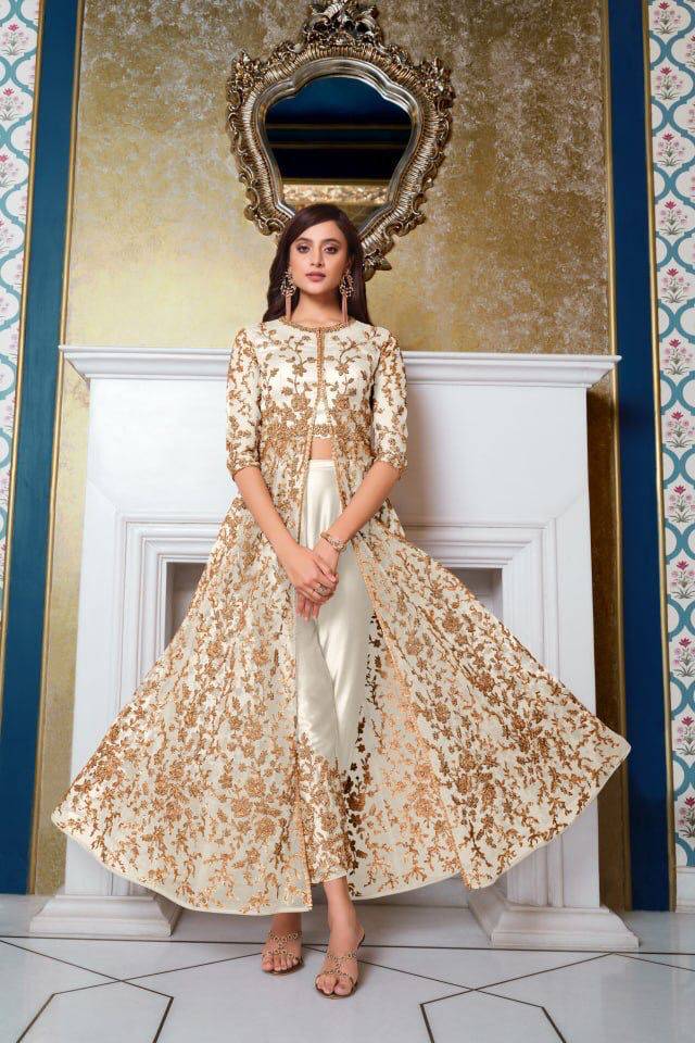 White & Gold Japan Satin Silk Salwar Kameez with Embroidery Work Latest Online