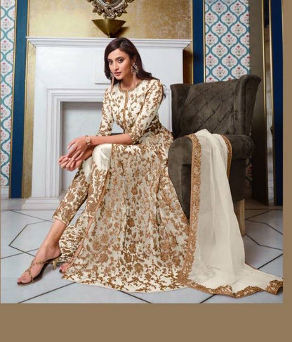 White & Gold Japan Satin Silk Salwar Kameez with Embroidery Work Latest Online