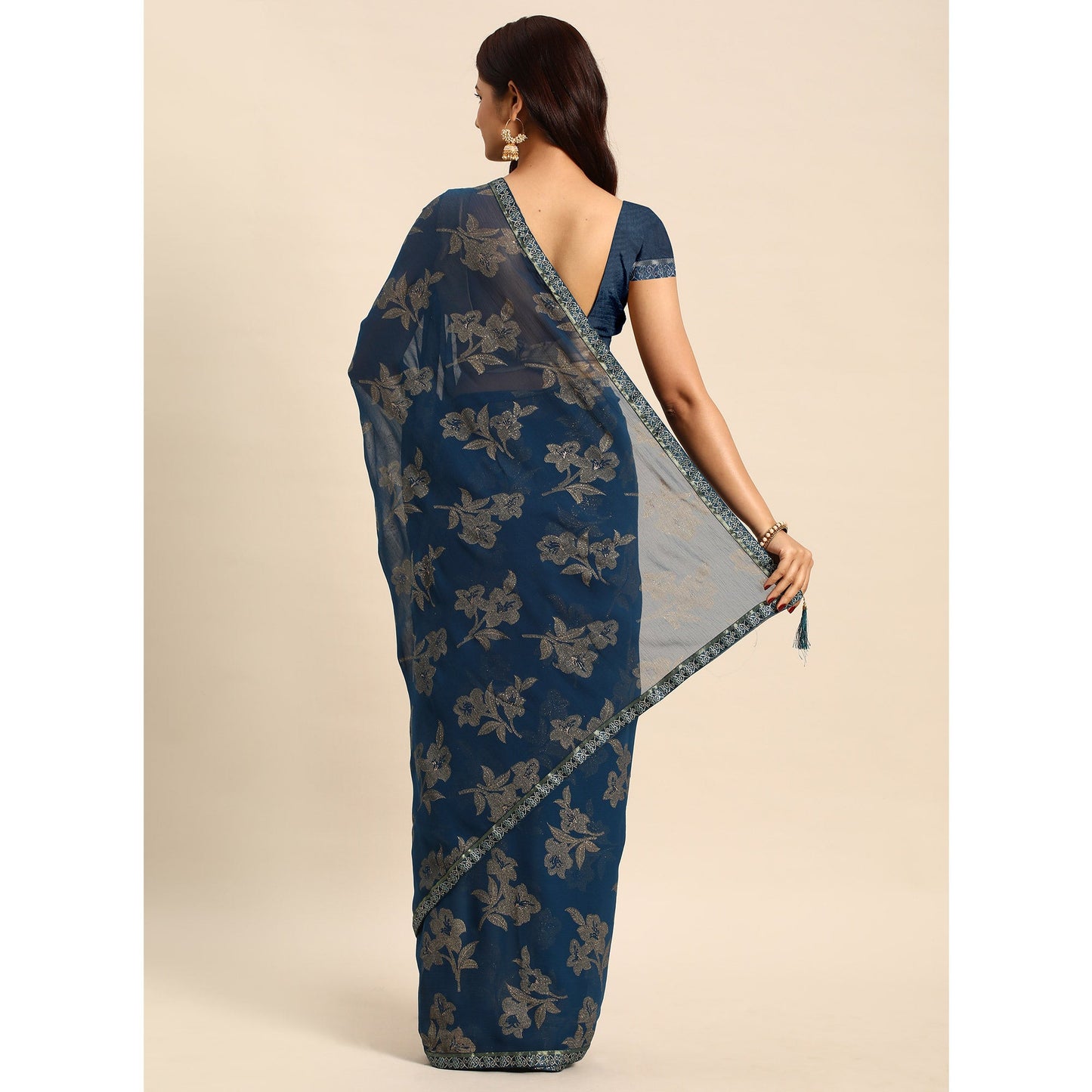 Blue Floral Foil Printed Zomato Saree