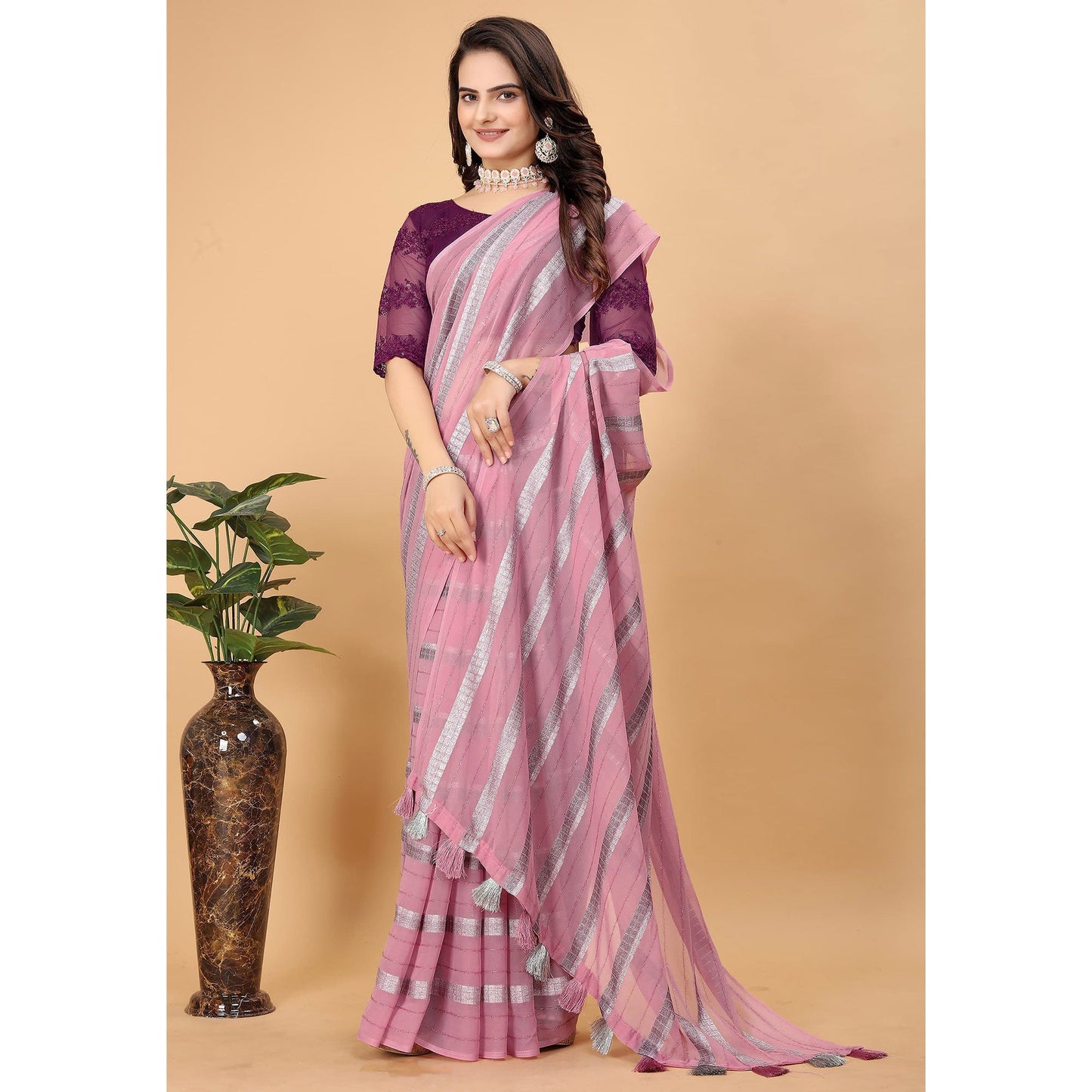 Pink Zari Striped Georgette Saree With Tassels