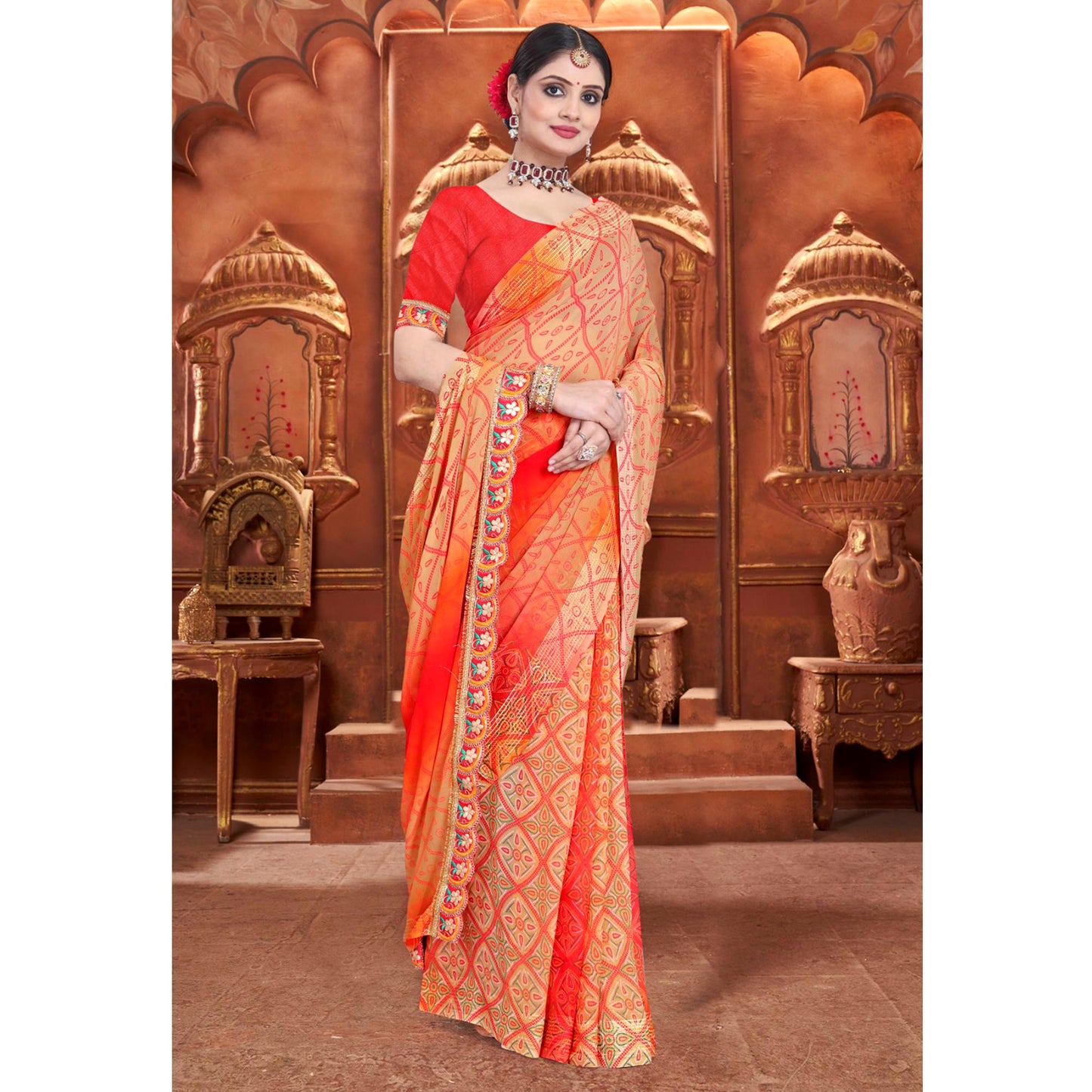 Chikoo & Orange Bandhani Printed Georgette Saree With Zari Border