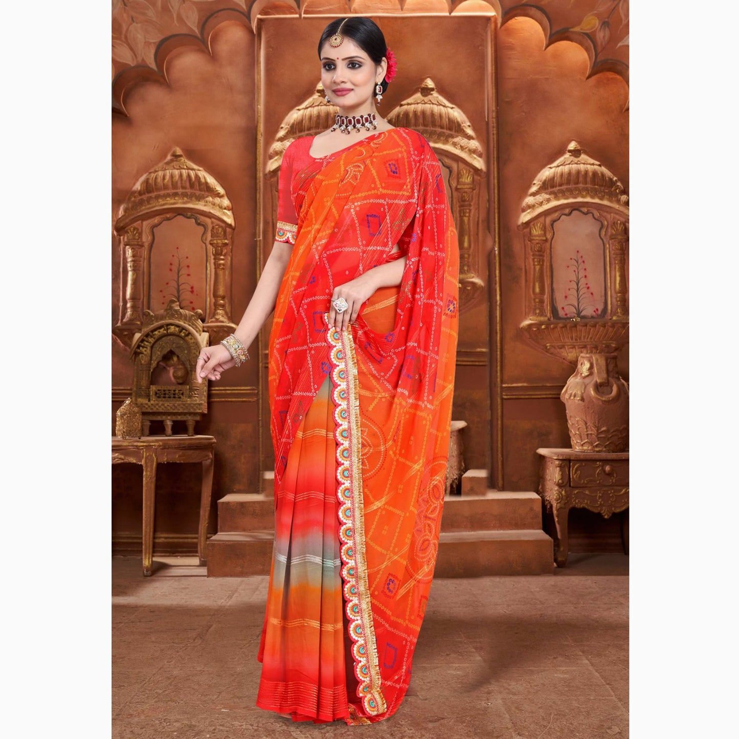 Red & Orange Bandhani Printed Georgette Saree With Zari Border