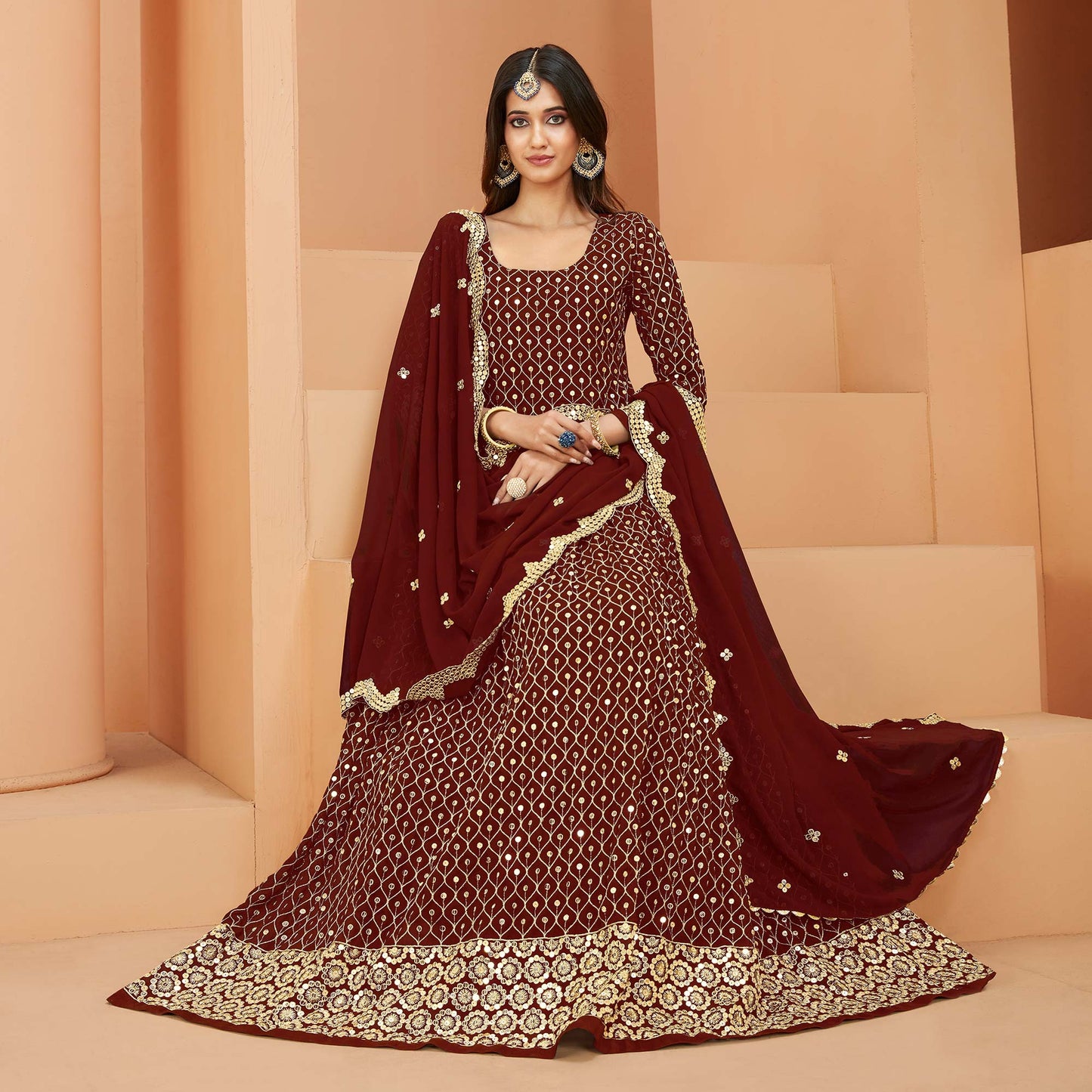 Maroon Sequins Embroidered Georgette Semi Stitched Anarkali Suit