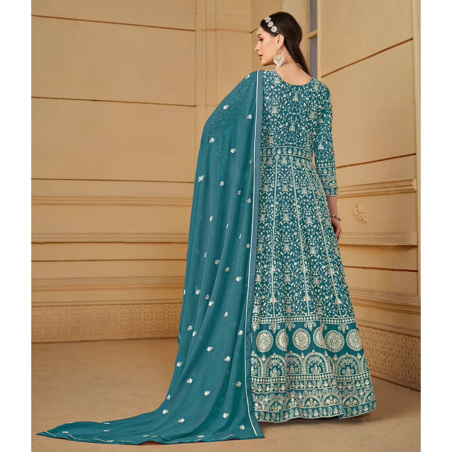 Rama Blue Floral Embroidered Georgette Semi Stitched Anarkali Suit